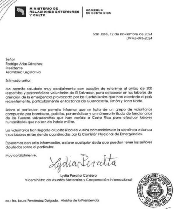 Comunicado de la Ministra de Cooperacion hacia diputados de la asamblea legistava aclarando el ingreso de tropas militares salvadoeñas